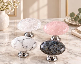 Natural Stone Cabinet Knobs, Rose Quartz Marble Drawer Pulls, Polished Chrome Hardware