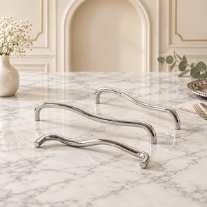 Polished Silver Cabinet Pull, Wavy Drawer Handle, Modern Chrome Kitchen Hardware, Furniture Door Pull