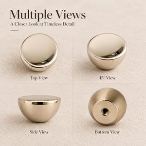 Pode incluir: Um puxador de m&oacute;vel met&aacute;lico mostrado de quatro &acirc;ngulos com os textos Multiple Views, A Closer Look at Timeless Detail, Top View, 45 Degree View, Side View e Bottom View. O puxador tem um acabamento liso e polido em ouro champanhe.