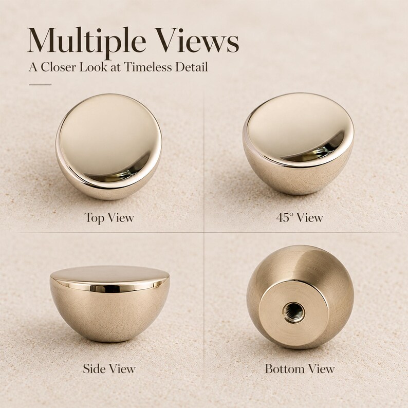 Pode incluir: Um puxador de m&oacute;vel met&aacute;lico mostrado de quatro &acirc;ngulos com os textos Multiple Views, A Closer Look at Timeless Detail, Top View, 45 Degree View, Side View e Bottom View. O puxador tem um acabamento liso e polido em ouro champanhe.