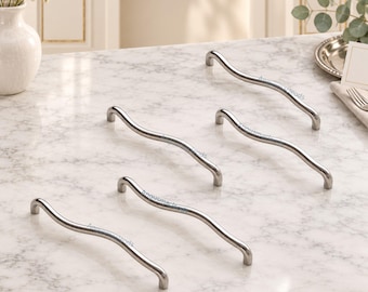Nickel Cabinet Handles, Silver Wave Drawer Pulls, 128mm or 160mm Hole Spacing
