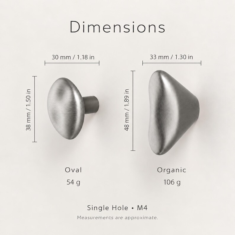 May include: Two silver-toned metal cabinet knobs labeled Oval and Organic. The oval knob measures 1.18 inches wide by 1.50 inches high and weighs 54 grams. The organic knob measures 1.30 inches wide by 1.89 inches high and weighs 106 grams. Single hole M4.