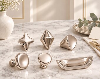 Polished Chrome Cabinet Knobs, Modern Geometric Drawer Pulls, Star Diamond Oval Handles