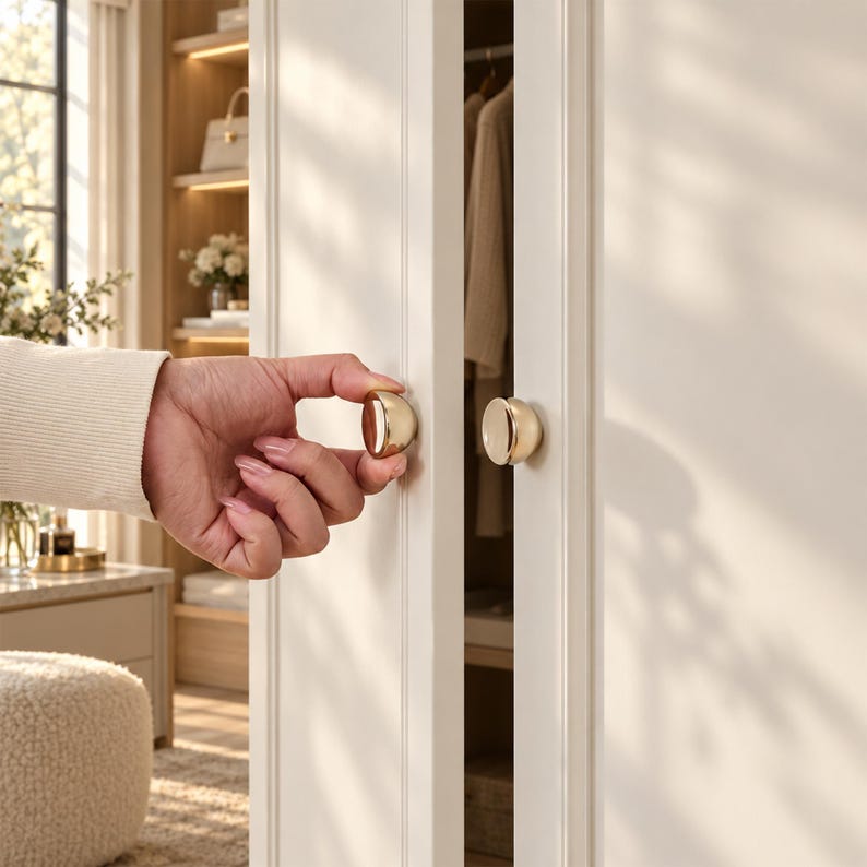 Pode incluir: Um par de puxadores de arm&aacute;rio semiesf&eacute;ricos com acabamento met&aacute;lico dourado polido. Os puxadores est&atilde;o montados nas bordas verticais de duas portas com pain&eacute;is em branco sujo, apresentando uma superf&iacute;cie lisa e arredondada.