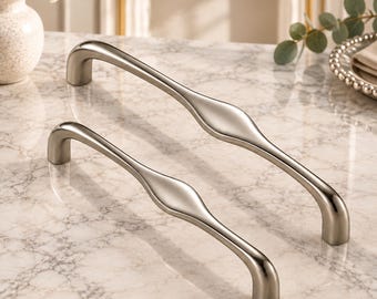 Modern Curved Cabinet Pulls, Brushed Nickel Drawer Handles, 128mm 160mm Kitchen Hardware