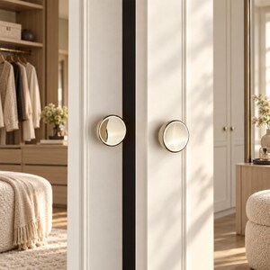 Pode incluir: Dois puxadores de arm&aacute;rio circulares em metal dourado polido montados em portas duplas brancas com pain&eacute;is verticais. Os puxadores apresentam uma superf&iacute;cie lisa e reflexiva com um perfil ligeiramente abaulado, proporcionando um toque met&aacute;lico.