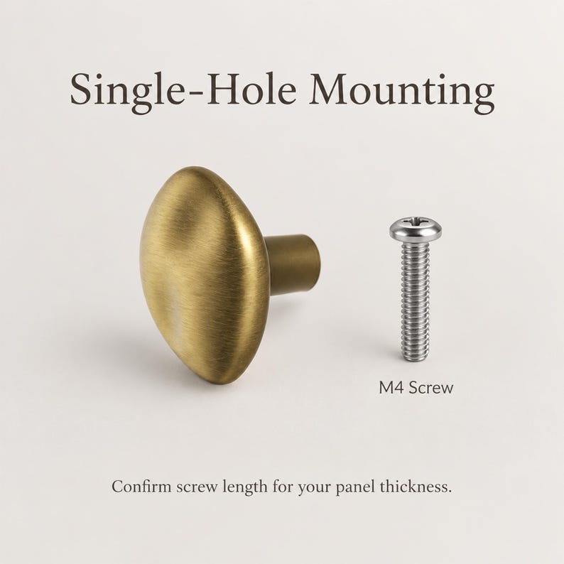 May include: A brass-toned, oval-shaped cabinet knob with a brushed finish and a single-hole mounting design. Beside it is a silver-colored M4 screw. Text reads: Single-Hole Mounting and Confirm screw length for your panel thickness.