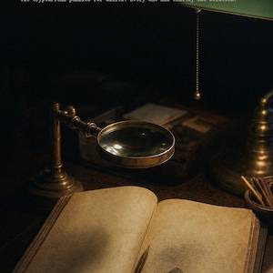 May include: A book titled The Cipher Ledger (Large Print) by Luke McConachy with the subtitle 120 cryptarithm puzzles for adults. Every one has exactly one solution. The cover features an open book, a pencil, an eraser, and a brass magnifying glass.