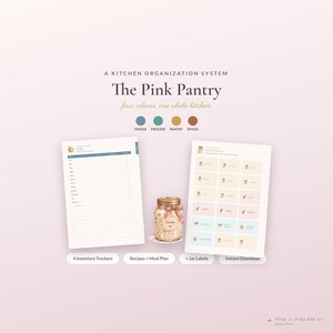 May include: A kitchen organization system titled The Pink Pantry featuring four color-coded categories for fridge, freezer, pantry, and spices. The set includes inventory trackers, a glass jar with a label, and a sheet of printable jar labels.
