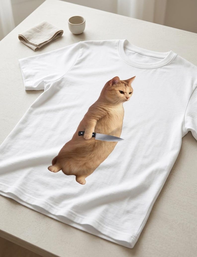 Rolig katt med kniv meme-tröja, kattmeme-t-shirt, sarkastisk katt-t-shirt, rolig meme-gåva, viral kattmeme-tröja, konstig katt-tröja bild 8