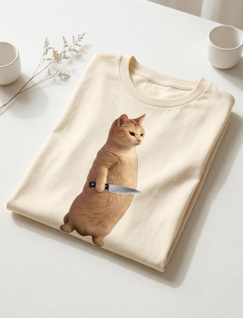 Rolig katt med kniv meme-tröja, kattmeme-t-shirt, sarkastisk katt-t-shirt, rolig meme-gåva, viral kattmeme-tröja, konstig katt-tröja bild 6