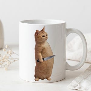 Rolig katt med kniv meme-tröja, kattmeme-t-shirt, sarkastisk katt-t-shirt, rolig meme-gåva, viral kattmeme-tröja, konstig katt-tröja bild 3