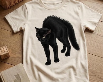 Svart katt Halloween T-shirt, läskig katt T-shirt, välvd rygg katt T-shirt, Halloween kattälskare present, läskig söt katt T-shirt, höst Halloween T-shirt