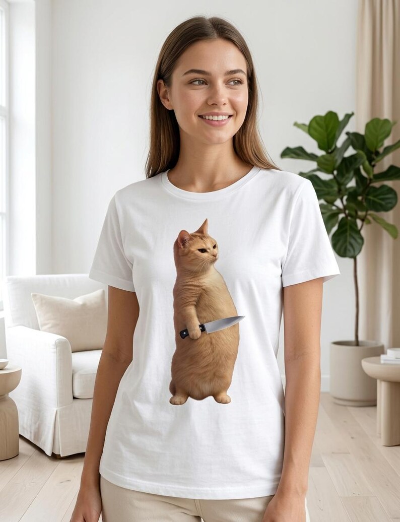 Rolig katt med kniv meme-tröja, kattmeme-t-shirt, sarkastisk katt-t-shirt, rolig meme-gåva, viral kattmeme-tröja, konstig katt-tröja bild 5