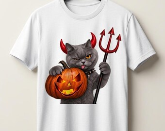 Halloween-t-shirt med djävulskatt, rolig katt med pumpa och högaffel, söt läskig kattälskare