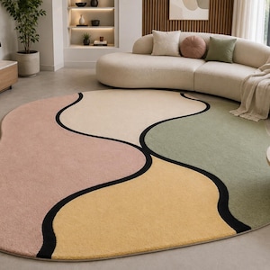 Alfombra moderna de lujo tejida a mano con diseño abstracto de ondas orgánicas.