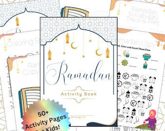 Puede incluir: Un libro de actividades colorido para niños con el título "Ramadan Activity Book" y un diseño de estrella dorada y media luna. El libro tiene más de 50 páginas de actividades para que los niños aprendan sobre el Ramadán.