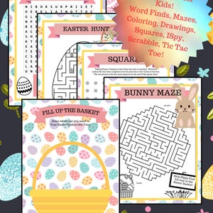 Puede incluir: Un conjunto de 12 páginas de actividades de Pascua imprimibles para niños. Las páginas incluyen búsquedas de palabras, laberintos, páginas para colorear, indicaciones de dibujo, unir los puntos, ¡Veo, veo!, Scrabble y Tres en Raya. Las páginas están decoradas con un esquema de color pastel y presentan imágenes con temática de Pascua como conejos, huevos y cestas.
