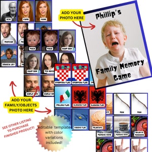 May include: A printable family memory game template with a colorful starburst design. The template includes a variety of images, including flags, food, and people. The text "Add your family/objects photo here" is included on the template.
