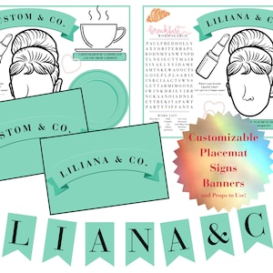 Puede incluir: Un conjunto de decoraciones de fiesta imprimibles personalizables en color turquesa y negro. El conjunto incluye una pancarta que dice "LILIANA & CO.", tarjetas de lugar y manteles individuales con un crucigrama. Los manteles individuales presentan una ilustración en blanco y negro de una mujer con un peinado que recuerda a Audrey Hepburn.