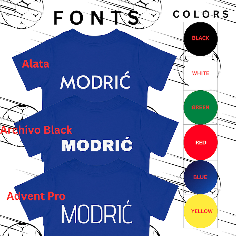 May include: Three blue t-shirts with the name "MODRIĆ" printed in white on each shirt. The shirts are stacked on top of each other. The text "FONTS" is at the top of the image, and the text "COLORS" is at the top right of the image. Below the shirts are color swatches for black, white, green, red, blue, and yellow.