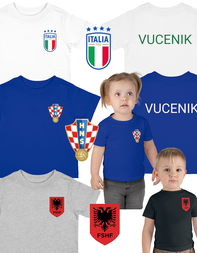 May include: Five t-shirts with different country crests and team names. The shirts are in various colors, including white, blue, grey, and black. The crests include the Italian flag, the Croatian national team crest, and the Albanian national team crest. The team names are "ITALIA FIGC", "VUČENIK", "HNS", and "FSHF".