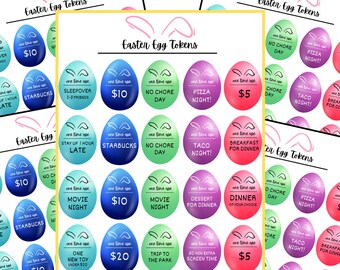 Easter Fillable Egg Coupons Tokens Printable Bunny Starbucks Money Stuffer Chore Free Movie Night - Prefilled PDF and Editable Canva Link