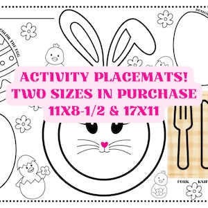 Puede incluir: Set de mesa de actividades imprimible en blanco y negro con un diseño de conejo de Pascua con huevos, pollitos y un tenedor y un cuchillo. Los manteles individuales están disponibles en dos tamaños: 11x8-1/2 pulgadas y 17x11 pulgadas.
