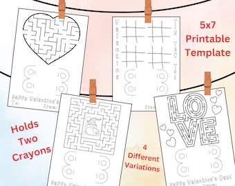 Crayon Holder Coloring Valentine's Day Tic Tac Toe Maze Card Template 5x7 Digital Print Out School Classmates (4 Variations)