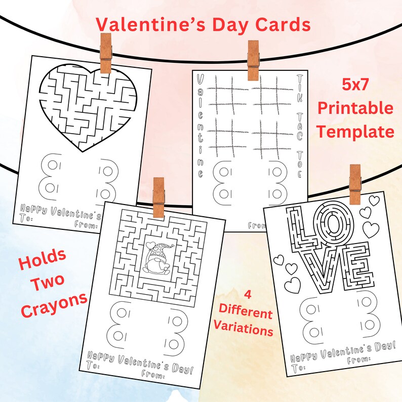 Crayon Holder Coloring Valentine's Day Tic Tac Toe Maze Card Template ...