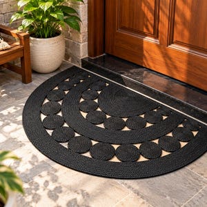 Black Half Round Doormat, Textured Semicircle Entryway Rug, Modern Front Door Mat, Minimalist Black Doorway Decor