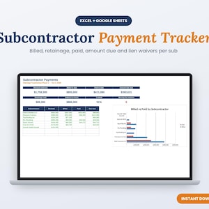 Puede incluir: Una hoja de cálculo digital de seguimiento de pagos a subcontratistas en la pantalla de un portátil. La interfaz incluye tablas para importes facturados, retenidos, pagados y adeudados, junto con un gráfico de barras comparativo.