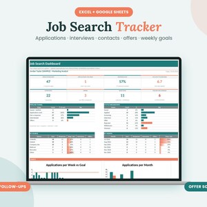 Hoja de cálculo para el seguimiento de la búsqueda de empleo, registro de solicitudes de empleo, registro de entrevistas, comparación de ofertas, plantilla de planificador de carrera, Excel y Google Sheets