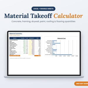 Op de afbeelding: Een digitale materiaalcalculator voor Excel en Google Sheets weergegeven op een laptopscherm. De interface toont een tabel met materiaalsamenvattingen met kolommen voor hoeveelheid, eenheid, eenheidsprijs en kosten, naast een staafdiagram.