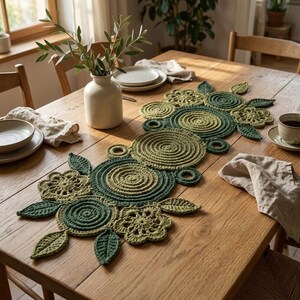 May include: A crochet table runner featuring a series of interconnected circular motifs and leaf shapes in various shades of green. The runner is composed of textured yarn circles and floral-like patterns, laid out in a linear arrangement across the center of a wooden table.