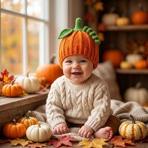 May include: A crochet pumpkin hat in bright orange with a green stem and leaf detail, worn with a cream-colored cable knit sweater. The hat features a ribbed texture and a small curled vine accent on the top, providing a seasonal look.