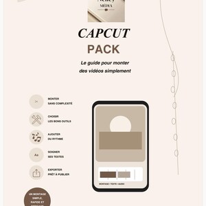 May include: A digital guide titled CAPCUT PACK by Nelley Media, featuring a beige background with dark brown text. It includes a smartphone graphic, five icons with French text labels, and a bottom banner stating SIMPLE, RAPIDE, PRÊT À PUBLIER.