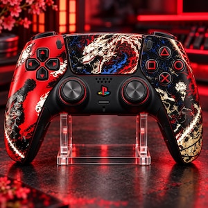Capa para Controle PS5 com Dragão Japonês – Kit de Substituição DualSense Vermelho e Preto – Modificação Personalizada de Samurai para Controle PS5