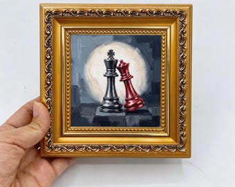 Chess Pieces Oil Painting, Custom oil painting from photo, Gift for friend, Size 4x4, Christmas gift