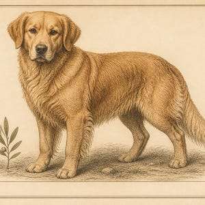 May include: A detailed sepia-toned illustration of a Golden Retriever standing in profile, facing forward. The dog has long, textured fur and is positioned next to a small olive branch. The artwork is framed by a thin border with a blank rectangular space.