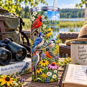 May include: A cylindrical stainless steel tumbler featuring a vibrant wrap-around print of various birds including a cardinal, blue jay, and woodpecker perched near a birdhouse amidst colorful wildflowers, with a clear lid and a metal straw.