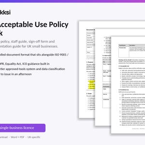 Op de afbeelding: Een AI Acceptable Use Policy Pack documentenset met een titelpagina met het nikksi-logo en tekst, naast drie gestapelde pagina's met gedrukte beleidstekst inclusief tabellen, opsommingstekens en genummerde secties op wit papier.