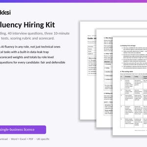 Op de afbeelding: De nikksi AI Fluency Hiring Kit bevat vacatureteksten, 40 interviewvragen, drie praktische tests van 10 minuten, een beoordelingsrubriek en een scorekaart. De set documenten wordt gepresenteerd als een stapel wit papier met zwarte tekst.