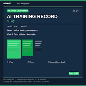 May include: A digital document template titled AI TRAINING RECORD & Log, featuring ISO/IEC 42001 and ISO 9001 standards. The dark blue interface displays green document icons representing Word and Excel formats, with text indicating staff training and awareness tracking.