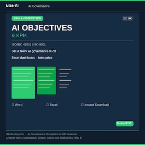 Op de afbeelding: Een digitaal productoverzicht voor AI Objectives & KPIs governance-sjablonen. De donkerblauwe interface toont tekst, waaronder ISO/IEC 42001, ISO 9001, Set & track AI governance KPIs, Excel dashboard, Word, Excel en Instant Download.