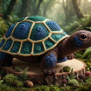 May include: A crocheted turtle toy featuring a brown body with blue accents on the head and legs. The shell is composed of dark blue and teal hexagonal segments outlined in cream-colored yarn, creating a detailed, textured appearance.