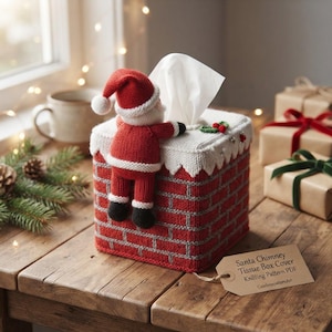 Modello per lavorare a maglia una fodera per scatola di fazzoletti a forma di camino di Babbo Natale (PDF) USA