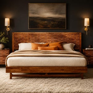 May include: A wooden bed frame featuring a tall headboard with a horizontal wavy, carved texture. The bed is dressed with a cream-colored mattress, a tan throw blanket, and several pillows in shades of cream and burnt orange.