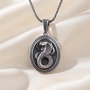 Oxidized Sterling Silver Cobra Snake Pendant, Gothic Greek Key Necklace