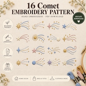 May include: A digital embroidery pattern collection titled 16 Comet Embroidery Pattern featuring sixteen distinct celestial designs of stars, moons, and comets in various colors, accompanied by four circular icons and five spools of embroidery thread.